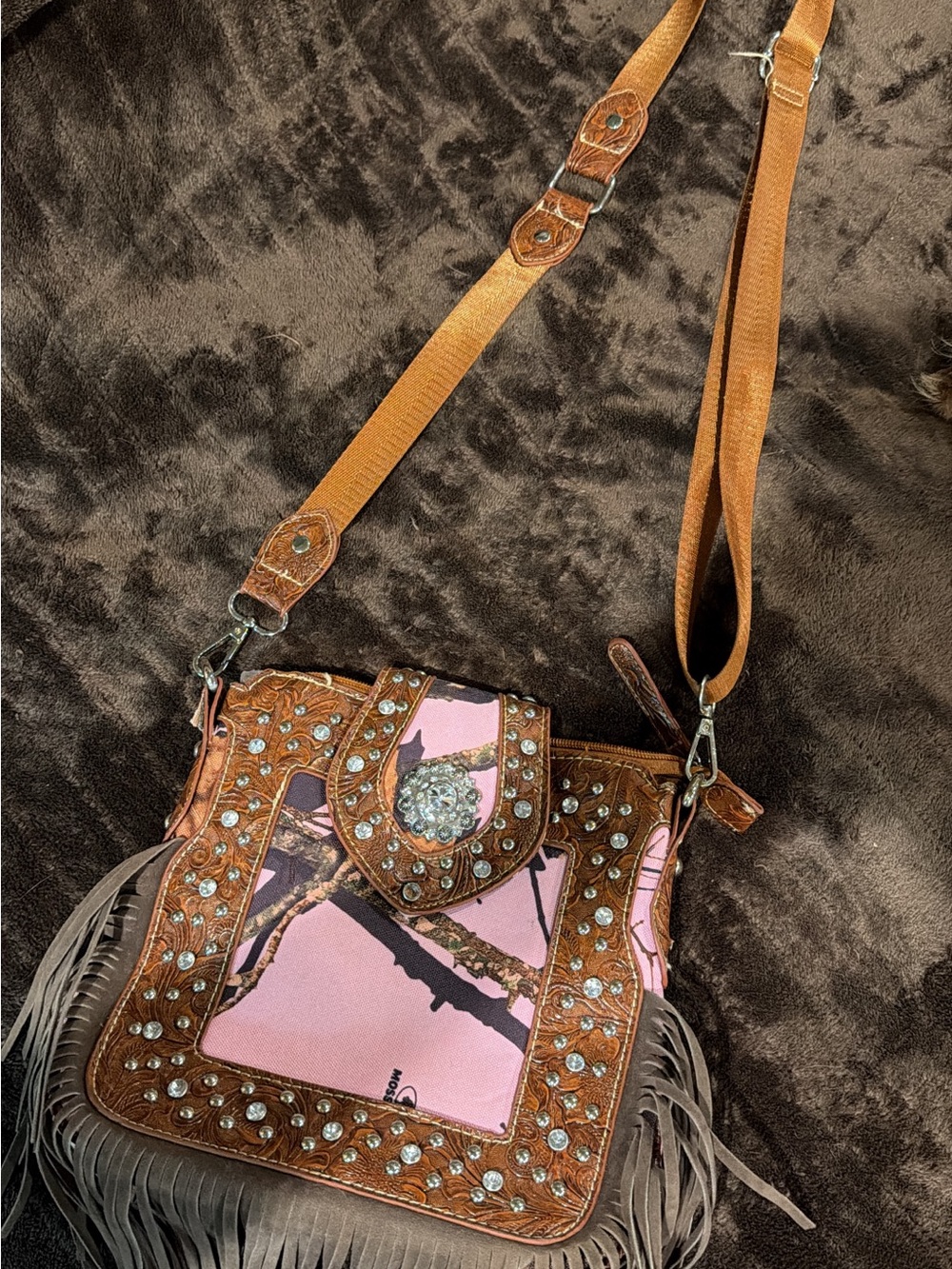 Conceal Carry Fringed Studded Crossbody Bag in Pink & Brown